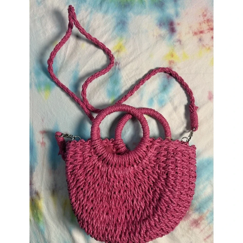 Handwoven Straw Rattan Half-moon Beach Handbag Large Capacity Women Summer NWT